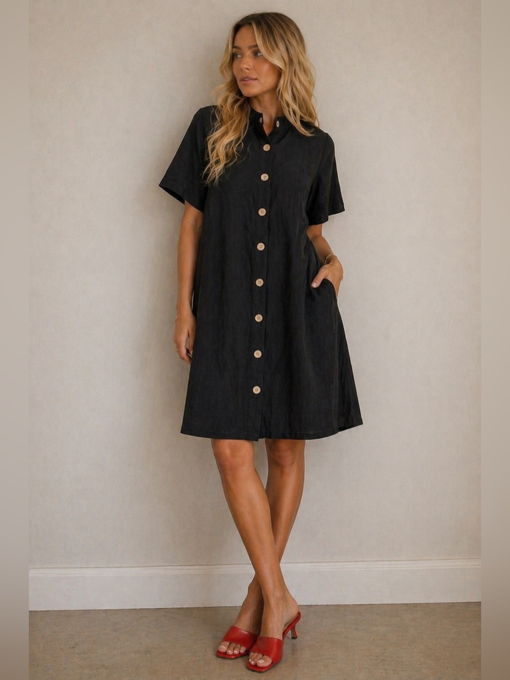Black linen dress with 3/4 sleeves